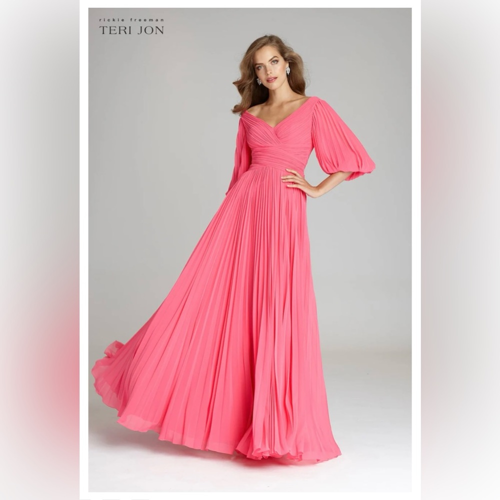 Teri Jon Vibrant Pink / Peach Pleated Gown